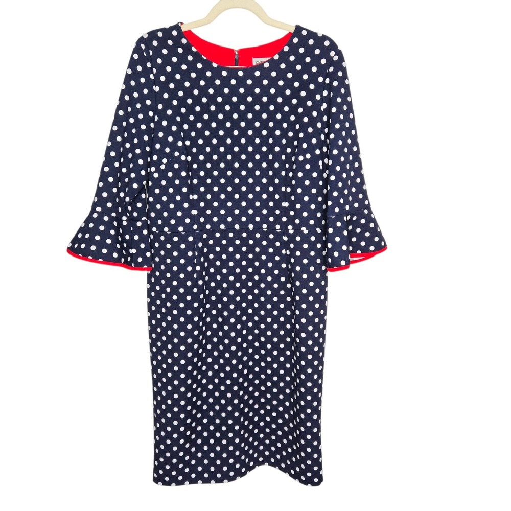 Shelby& Palmer Navy Polka Dot 3/4 Bell/‎ Ruffle Sleeve Dress Sz 16